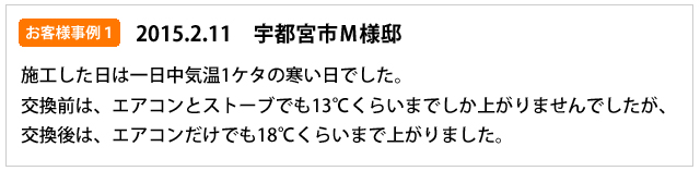 お客様事例１（2015.02.11）宇都宮市Ｍ様邸　施工した日は一日中気温１ケタの寒い日でした。交換前はエアコン＋ストーブで暖房しても１３℃くらいまでしか上がりませんでしたが、交換後はエアコンだけでも１８℃くらいまで上がりました。