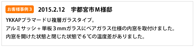 お客様事例３（2015.02.12）　宇都宮市Ｍ様邸　YKKAPプラマードＵ複層ガラスタイプ。アルミサッシ＋単板3mmガラスにペアガラス仕様の内窓を取り付け。内窓を開けた状態と内窓を閉じた状態で６℃の温度差がありました。