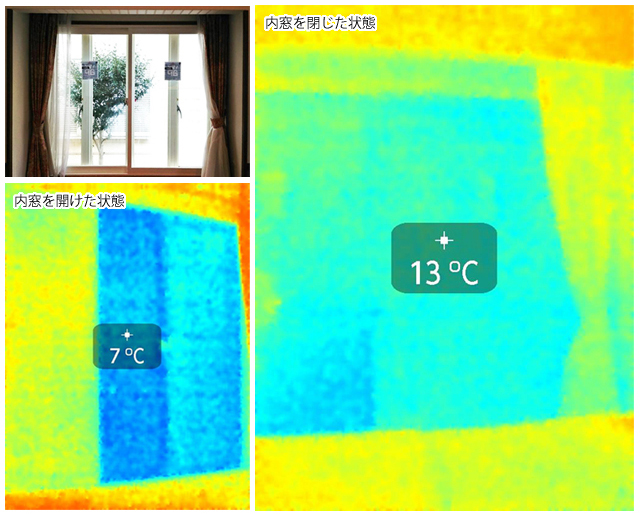 お客様事例３（2015.02.12）　宇都宮市Ｍ様邸　YKKAPプラマードＵ複層ガラスタイプ。アルミサッシ＋単板3mmガラスにペアガラス仕様の内窓を取り付け。内窓を開けた状態と内窓を閉じた状態で６℃の温度差がありました。
